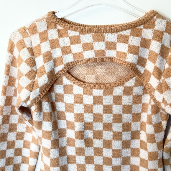 Princess Polly Checkerboard Sweater Dress with Front Cutout - Tan/White - M/L - Picture 2 of 7